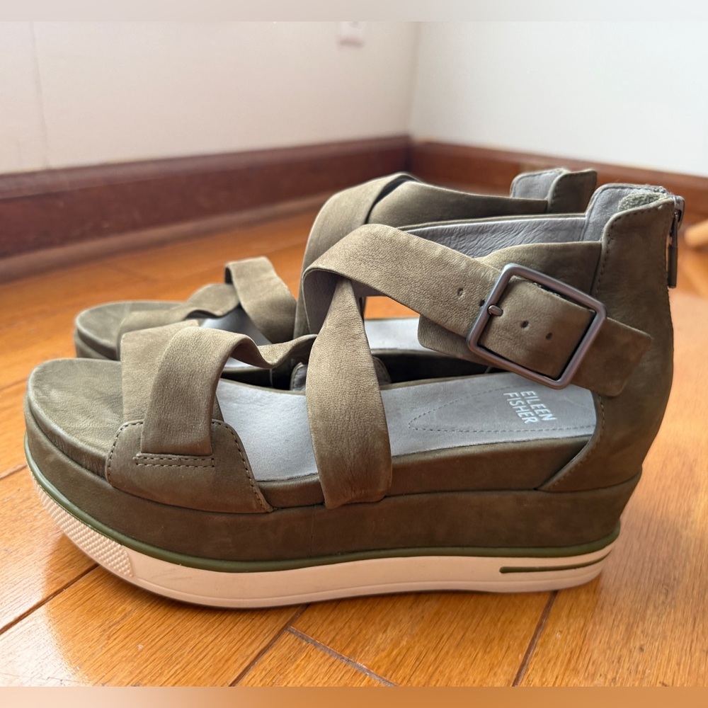 Eileen Fisher Olive Suede Crisscross Platform Sandals